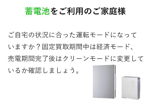 ご自宅の状況に合った運転モードになって
いますか？固定買取期間中は経済モード、
売電期間完了後はクリーンモードに変更して
いるか確認しましょう。